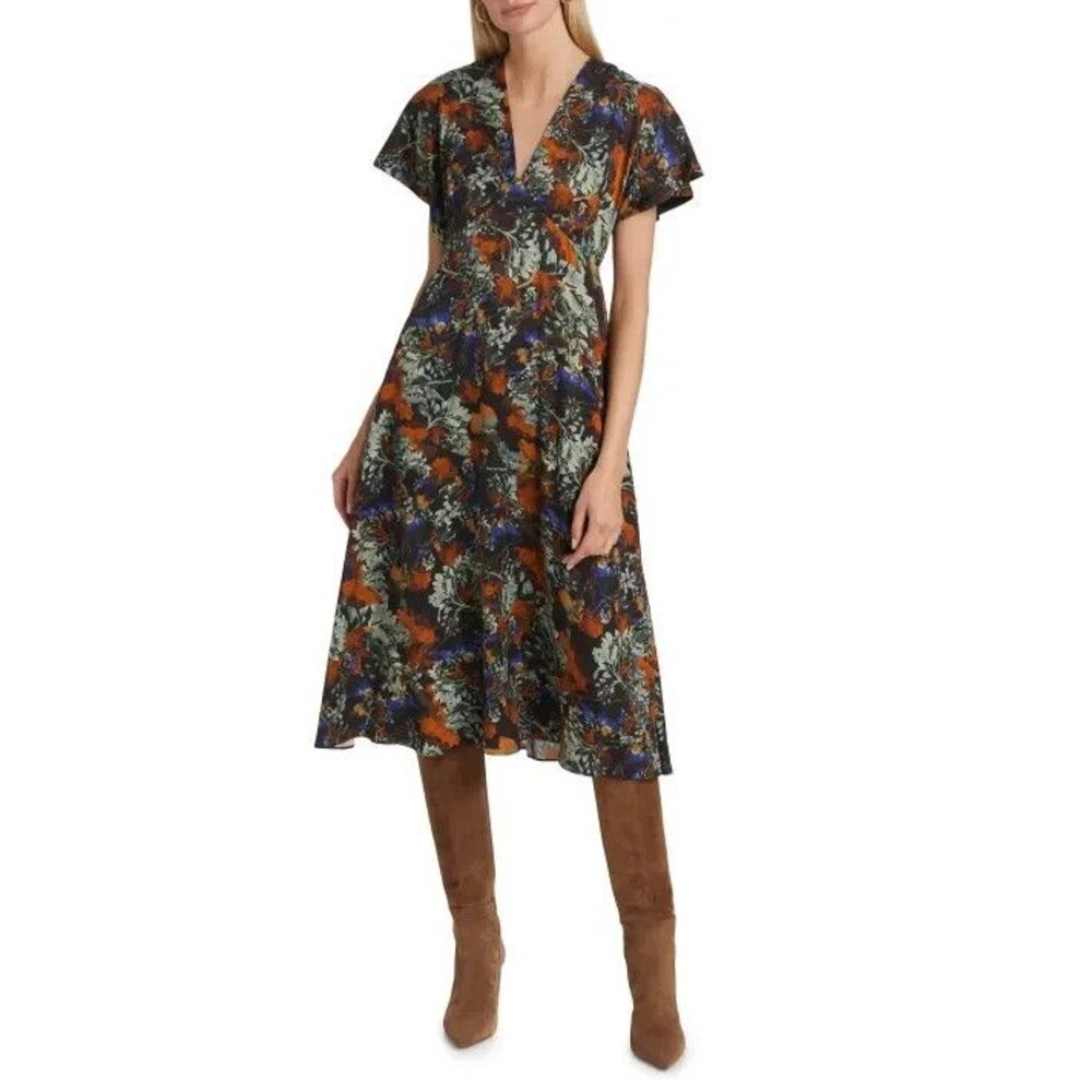DEREK LAM 10 CROSBY Cecile Flutter Sleeve Midi Dress NWT $550 Floral Size 8